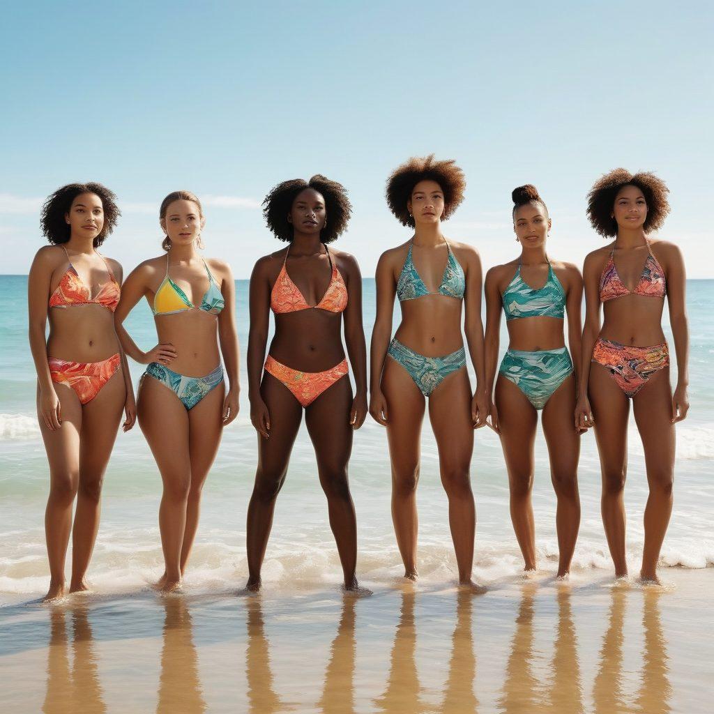 A diverse group of confident individuals wearing unconventional swimwear styles, standing against a backdrop of a vibrant beach setting. The swimwear features bold patterns and unique cuts, incorporating elements of nature and abstract designs. The individuals express a sense of liberation and defiance, with the waves crashing in the background. Include bright and playful colors to enhance the feeling of summer and freedom. super-realistic. vibrant colors. beach setting.